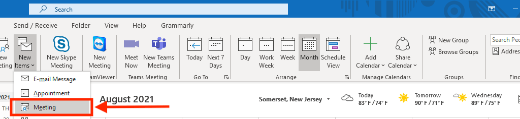 New Meeting in Outlook