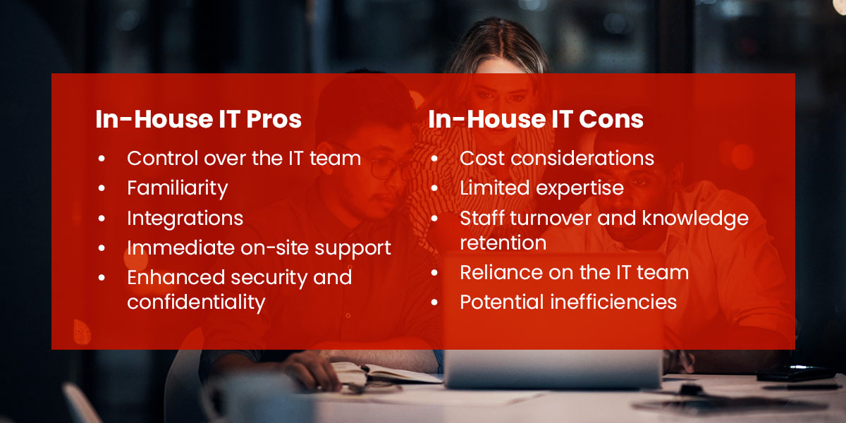 A graphic shows the pros and cons of in-house IT