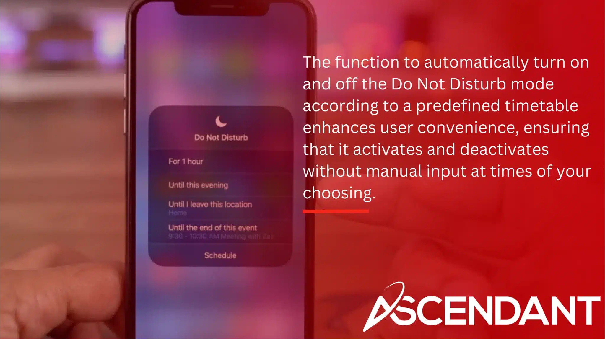 The function to automatically turn on and off the Do Not Disturb mode according to a predefined timetable enhances user convenience, ensuring that it activates and deactivates without manual input at times of your choosing. 