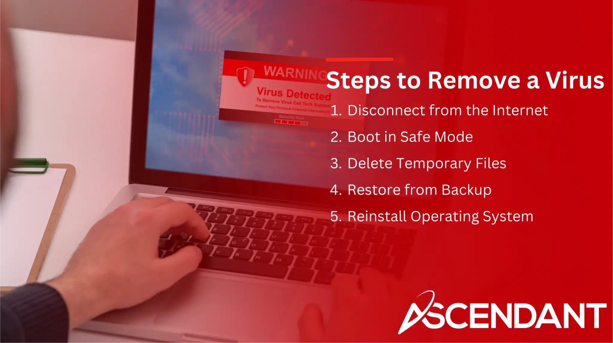 Steps to Remove a Virus
1. Disconnect from the Internet
2. Boot in Safe Mode
3. Delete Temporary Files 
4. Restore from Backup 
5. Reinstall Operating System