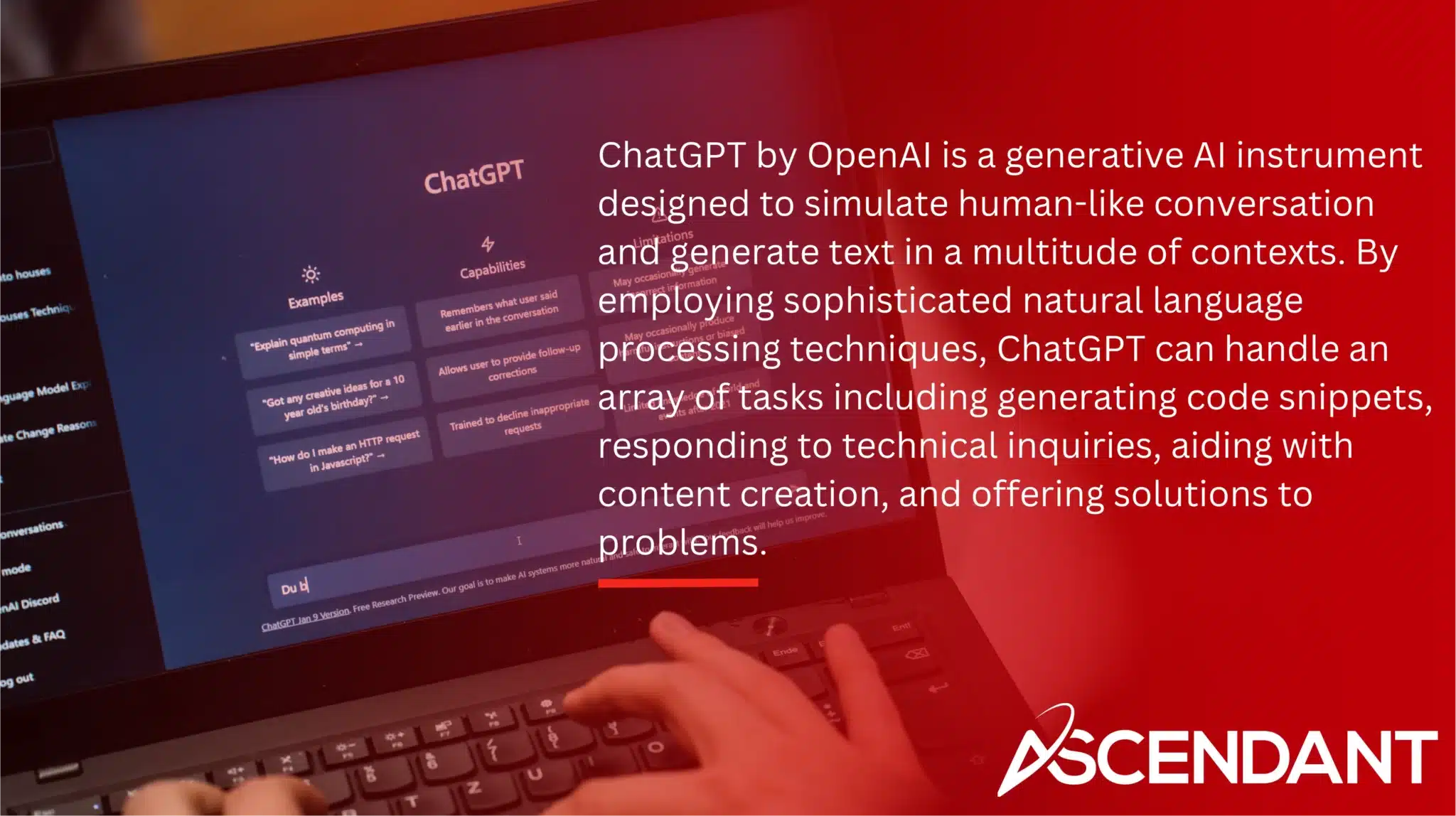 ChatGPT by OpenAI is a generative AI instrument designed to simulate human-like conversation and generate text in a multitude of contexts. By employing sophisticated natural language processing techniques, ChatGPT can handle an array of tasks including generating code snippets, responding to technical inquiries, aiding with content creation, and offering solutions to problems.