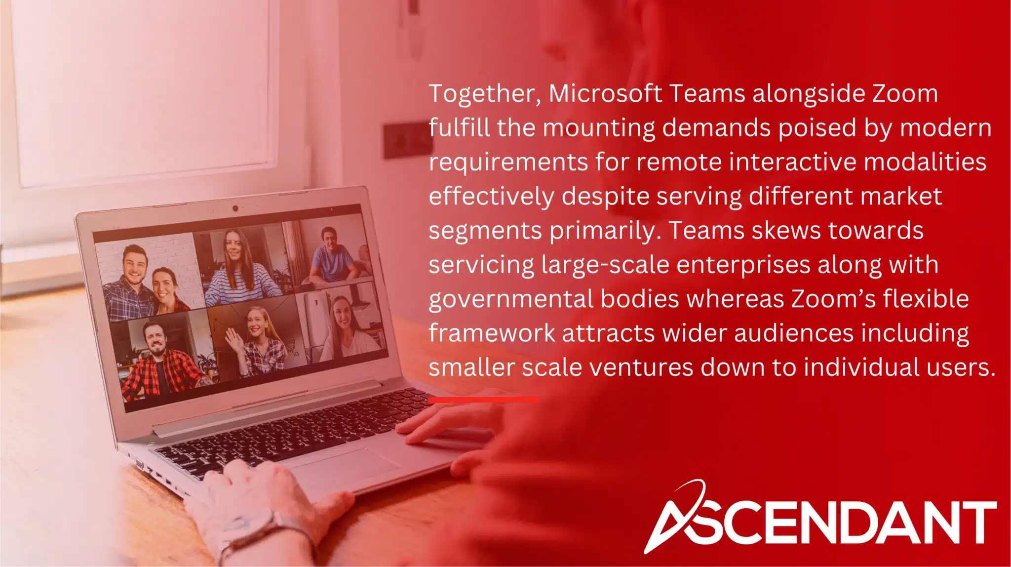 Together, Microsoft Teams alongside Zoom fulfill the mounting demands poised by modern requirements for remote interactive modalities effectively despite serving different market segments primarily. Teams skews towards servicing large-scale enterprises along with governmental bodies whereas Zoom’s flexible framework attracts wider audiences including smaller scale ventures down to individual users.