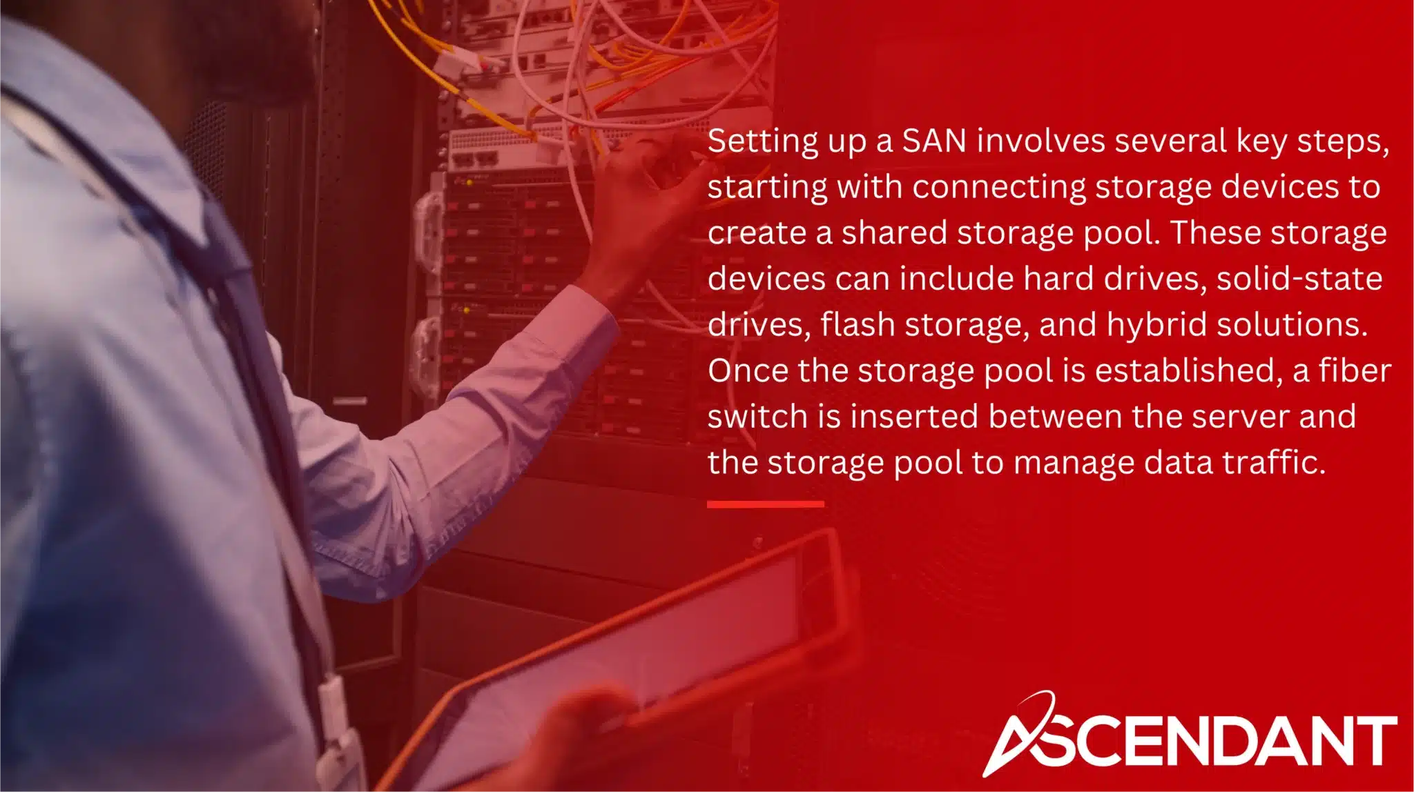 Setting up a SAN involves several key steps, starting with connecting storage devices to create a shared storage pool. These storage devices can include hard drives, solid-state drives, flash storage, and hybrid solutions. Once the storage pool is established, a fiber switch is inserted between the server and the storage pool to manage data traffic.