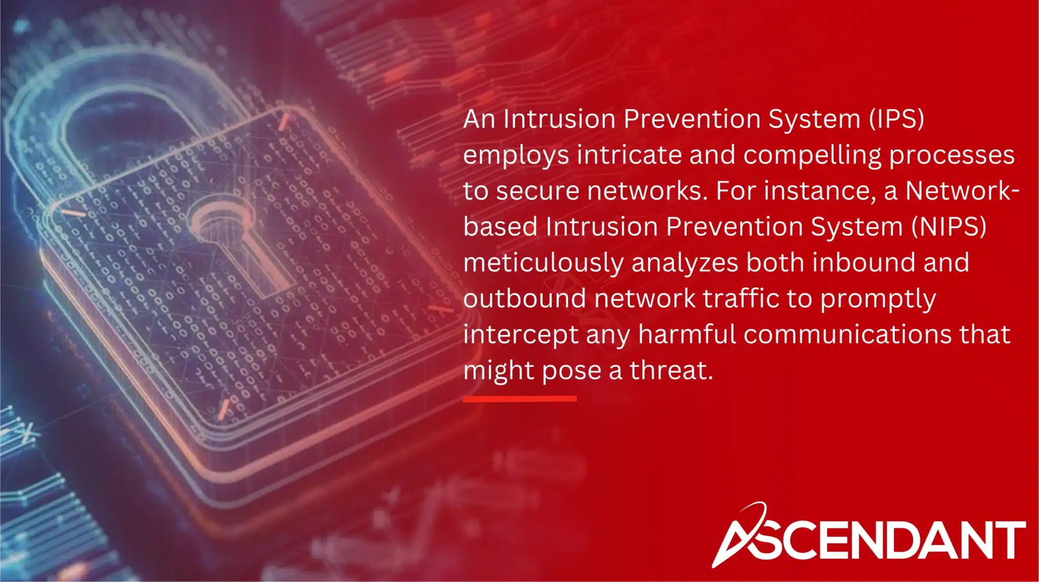 An Intrusion Prevention System (IPS) employs intricate and compelling processes to secure networks. For instance, a Network-based Intrusion Prevention System (NIPS) meticulously analyzes both inbound and outbound network traffic to promptly intercept any harmful communications that might pose a threat. 