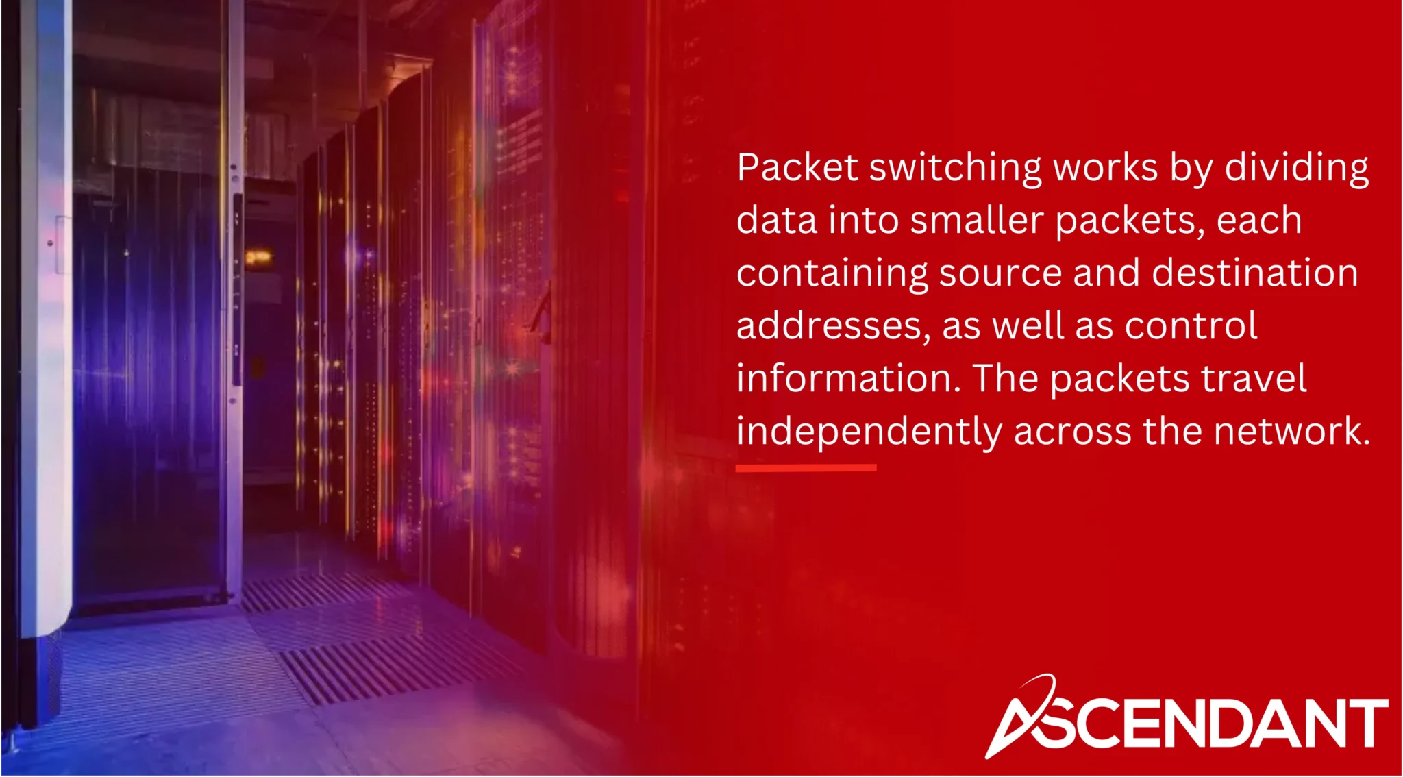 Packet switching works by dividing data into smaller packets, each containing source and destination addresses, as well as control information. The packets travel independently across the network. 