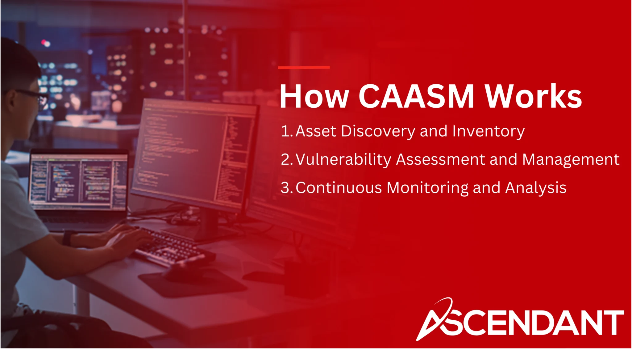 How CAASM Works
1. Asset Discovery and Inventory
2. Vulnerability Assessment and Management 
3. Continuous Monitoring and Analysis