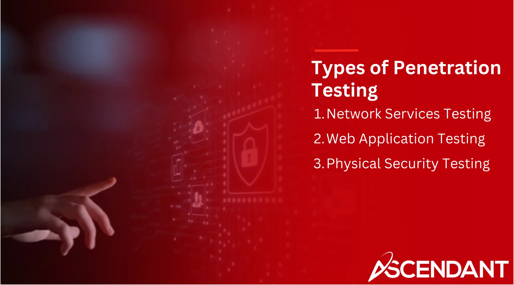 Types of Penetration Testing
1. Network Services Testing
2. Web Application Testing
3. Physical Security Testing