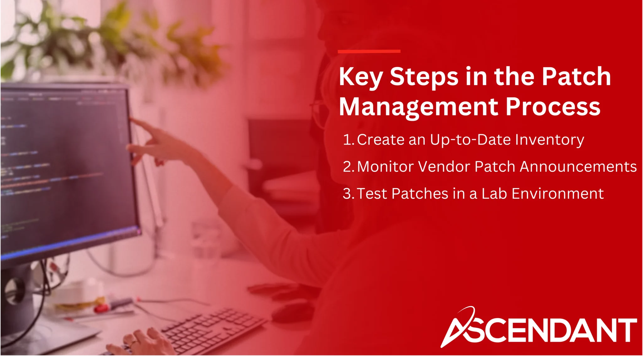 Key Steps in the Patch Management Process
1. Create an Up-to-Date Inventory
2. Monitor Vendor Patch Announcements
3. Test Patches in a Lab Environment
