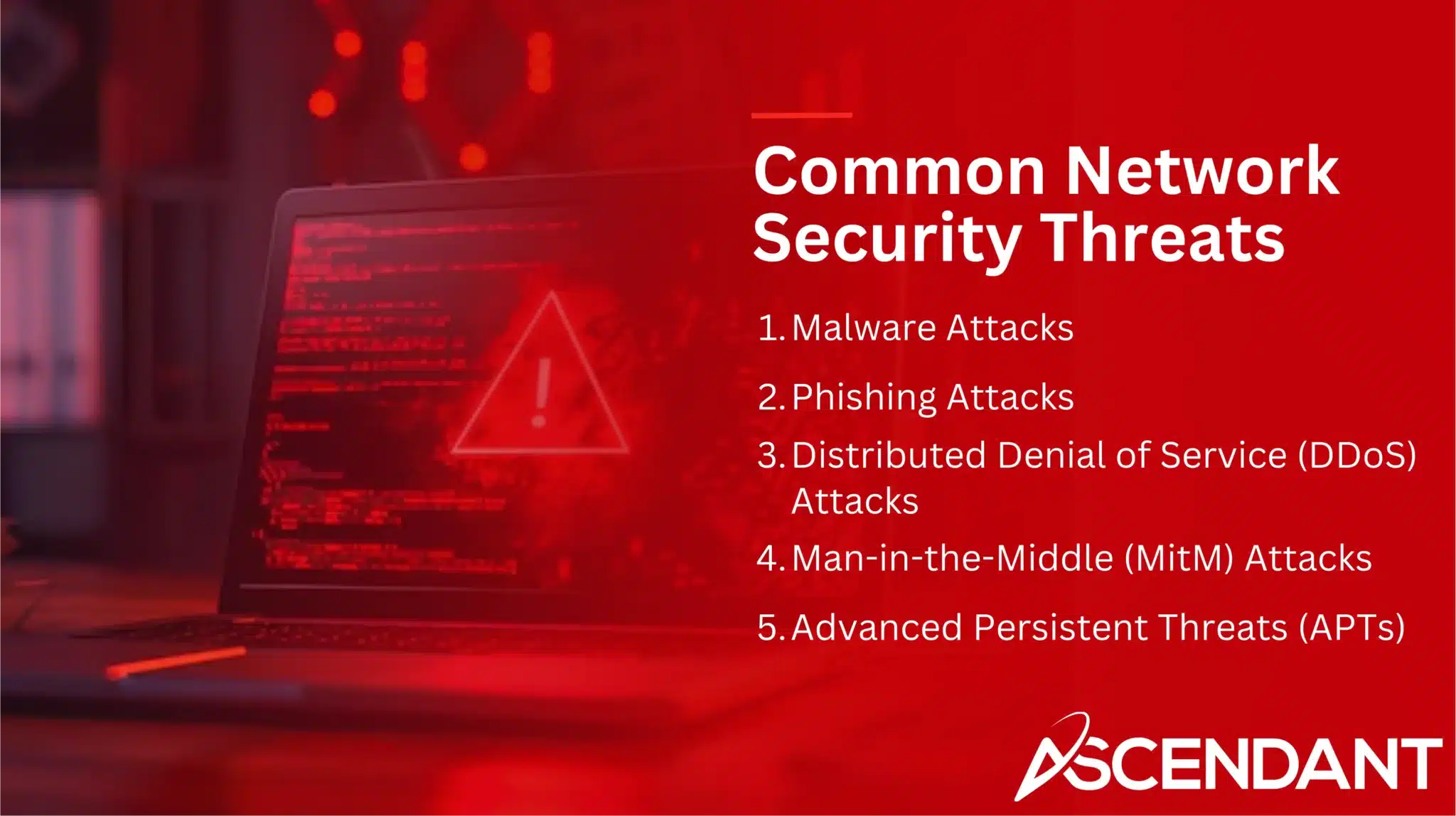 Common Network Security Threats
1. Malware Attacks
2. Phishing Attacks 
3. Distributed Denial of Service (DDOS) Attacks
4. Man-in-the-Middle (MitM) Attacks
5. Advanced Persistent Threats (APTS) 