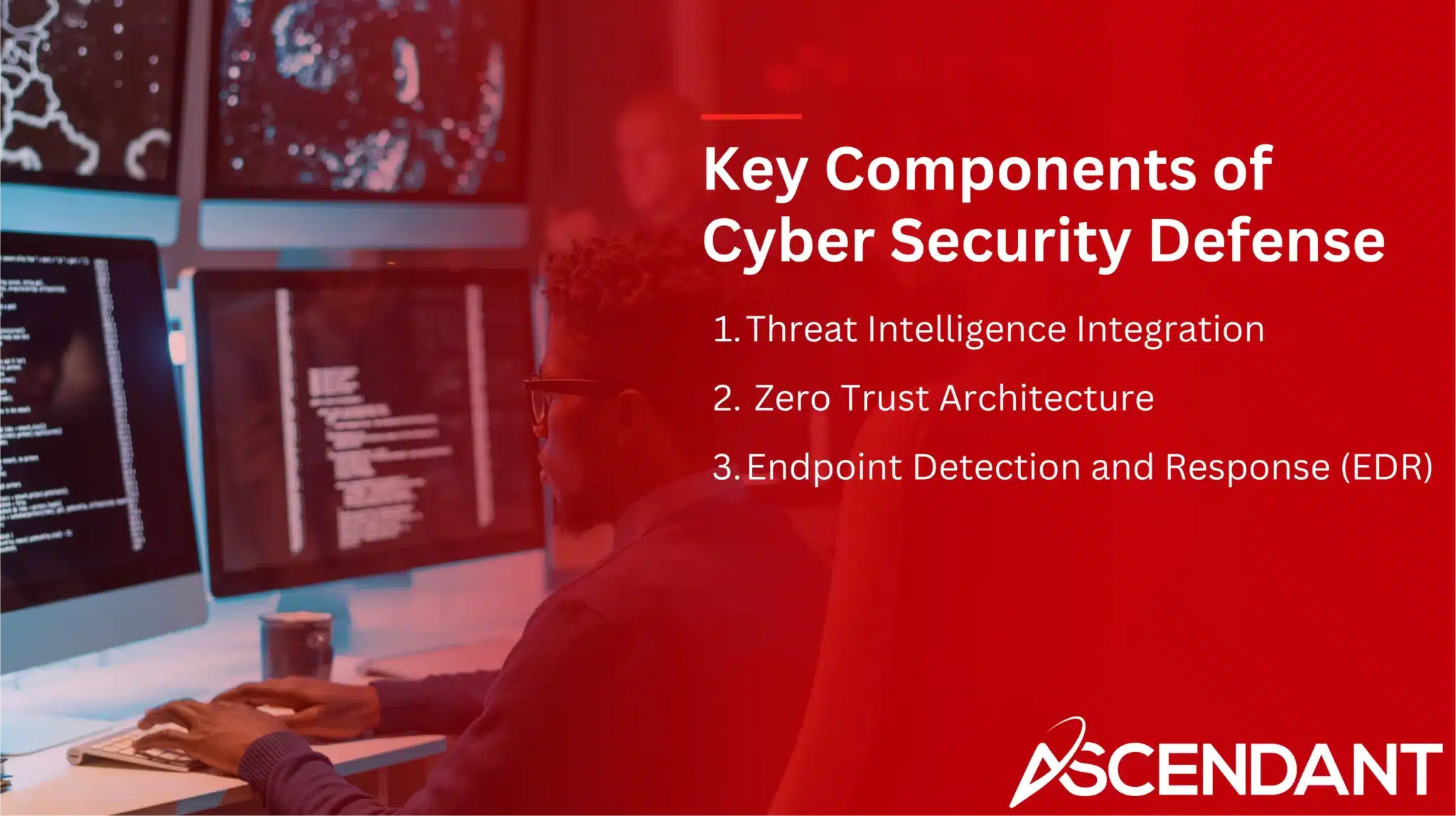 Key Components of Cyber Security Defense
1. Threat Intelligence Integration
2. Zero trust 
Architecture
3; Endpoint Detection and Response (EDR)