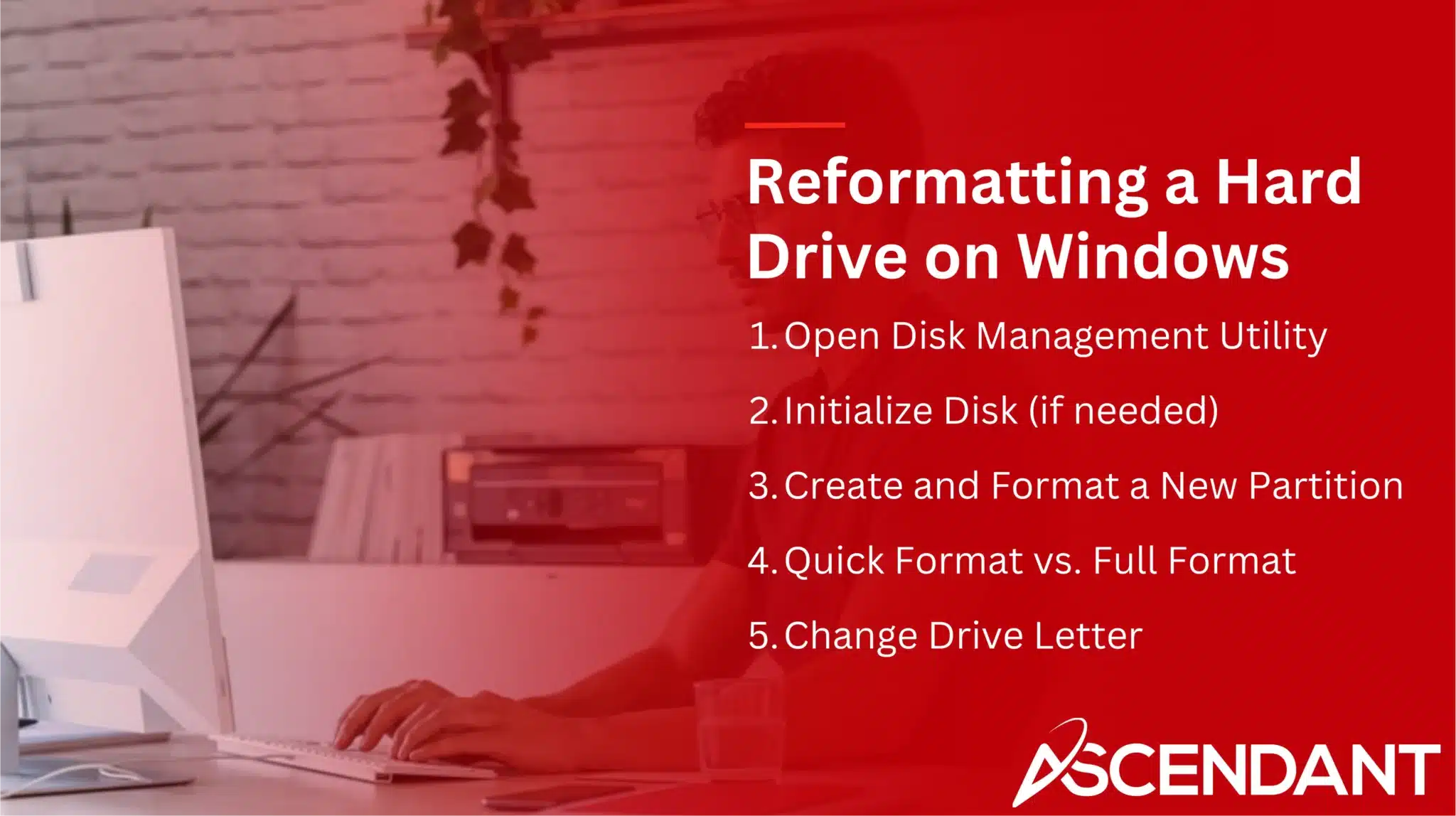 Reformatting a Hard Drive on Windows
1. Open Disk Management Utility
2. Initialize Disk (if needed)
3. Create and Format a New Partition 
4. Quick Format vs. Full Format
5. Change Drive Letter