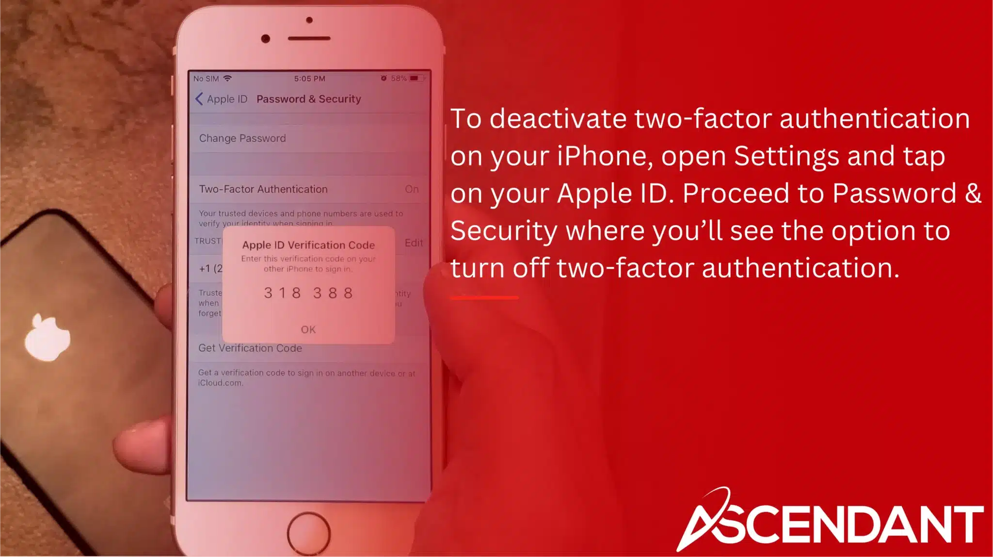 To deactivate two-factor authentication on your iPhone, open Settings and tap on your Apple ID. Proceed to Password & Security where you’ll see the option to turn off two-factor authentication.