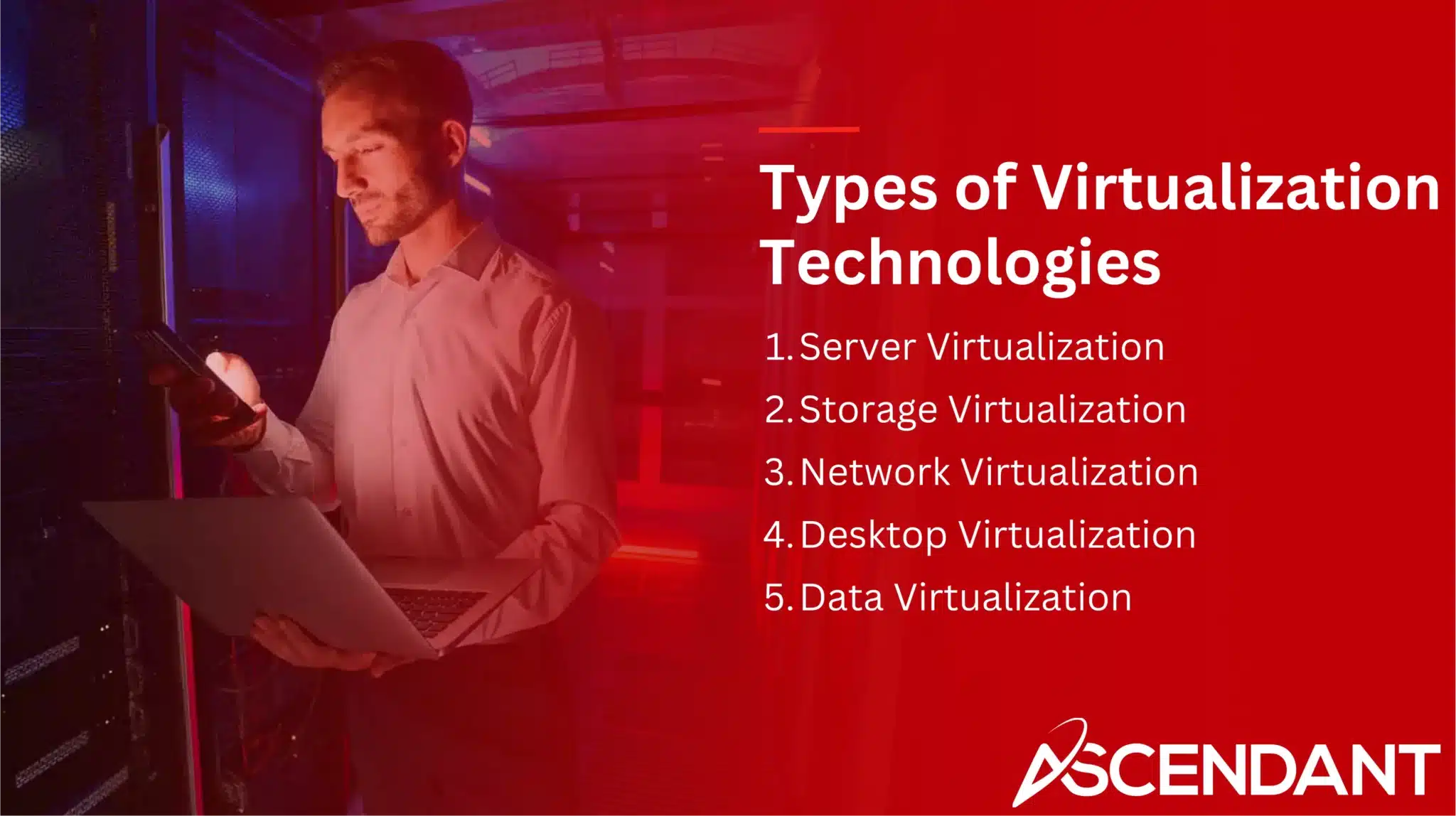 Types of Virtualization Technologies 
1. Server Virtualization
2. Storage Virtualization
3. Network Virtualization
4. Desktop Virtualization
5. Data Virtualization