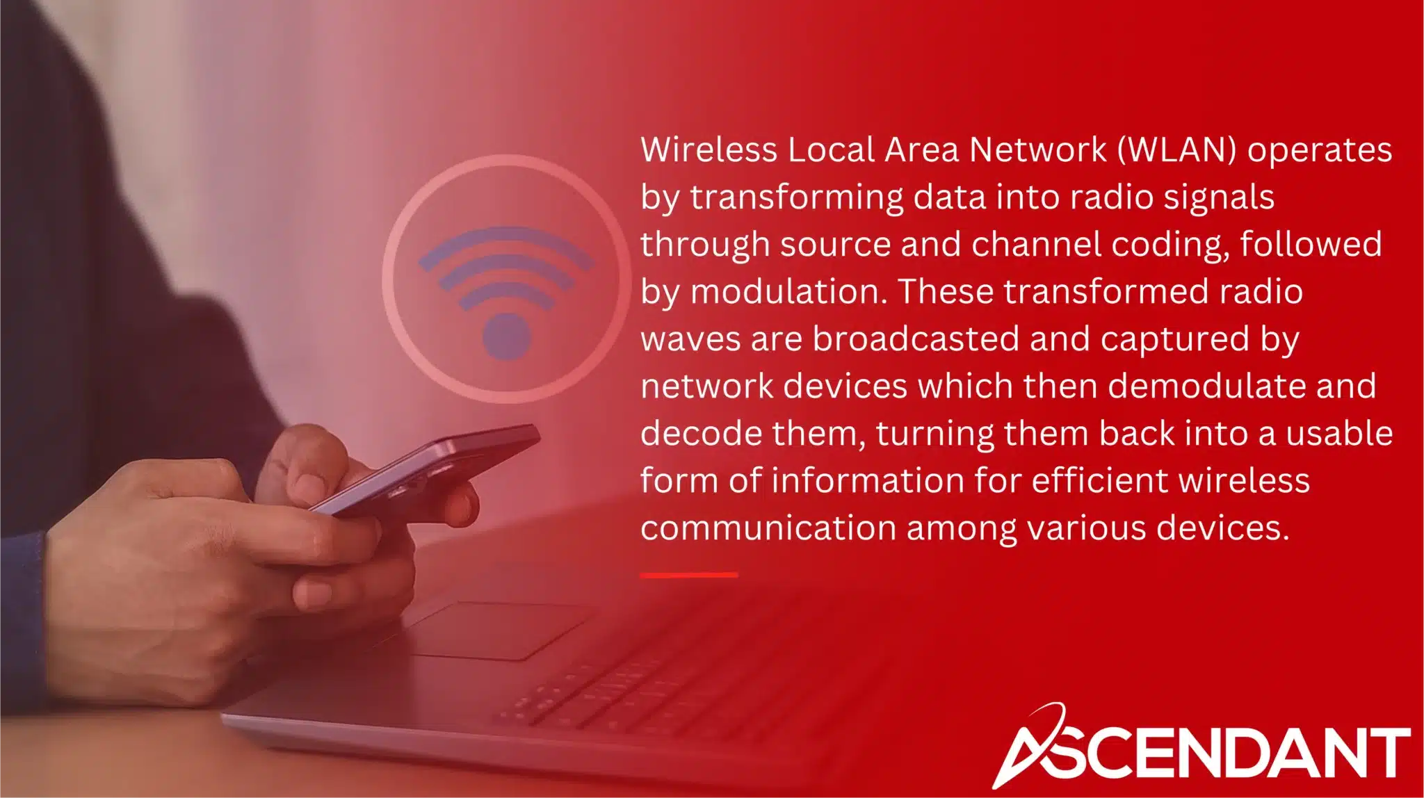 Wireless Local Area Network (WLAN) operates by transforming data into radio signals through source and channel coding, followed by modulation. These transformed radio waves are broadcasted and captured by network devices which then demodulate and decode them, turning them back into a usable form of information for efficient wireless communication among various devices.