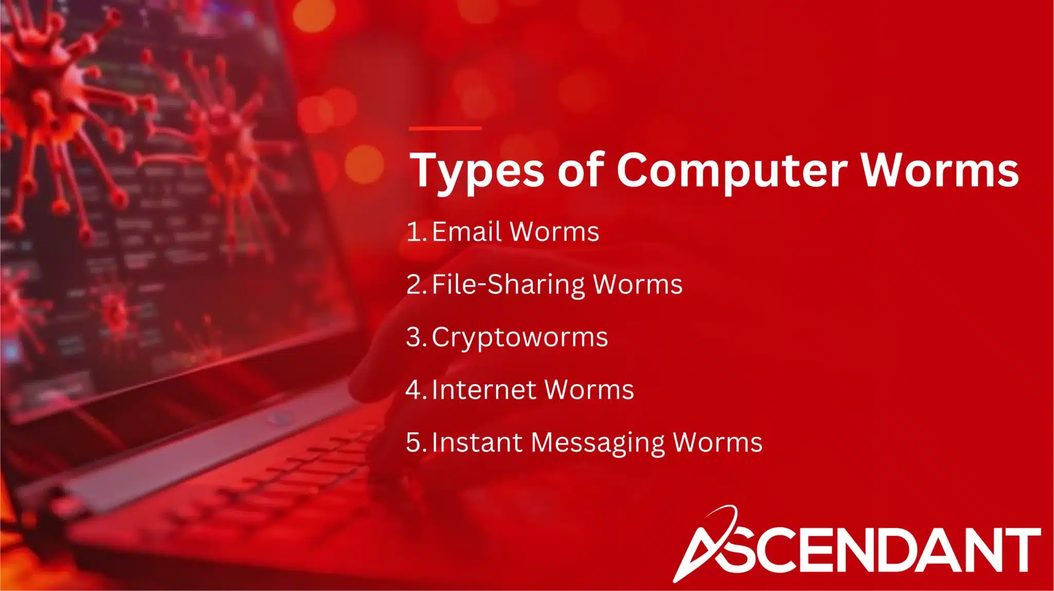 Types of Computer Worms
1. Email Worms
2. File-Sharing Worms
3. Cyrptoworms
4. Internet Worms
5. Instant Messaging Worms