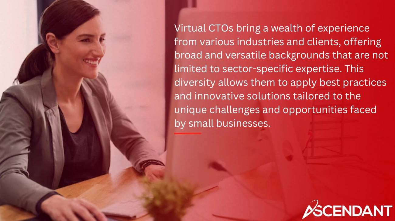 Virtual CTOs bring a wealth of experience from various industries and clients, offering broad and versatile backgrounds that are not limited to sector-specific expertise. This diversity allows them to apply best practices and innovative solutions tailored to the unique challenges and opportunities faced by small businesses.