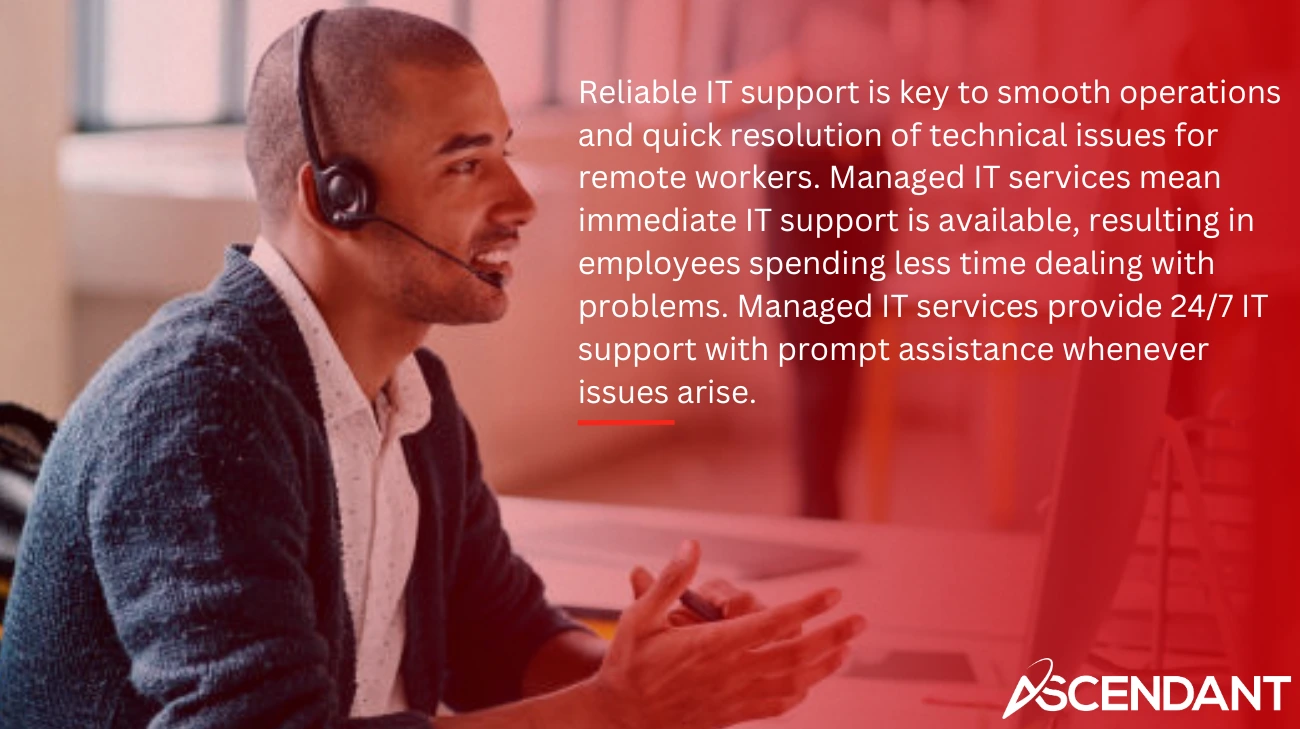 Reliable IT support is key to smooth operations and quick resolution of technical issues for remote workers. Managed IT services mean immediate IT support is available, resulting in employees spending less time dealing with problems. Managed IT services provide 24/7 IT support with prompt assistance whenever issues arise.