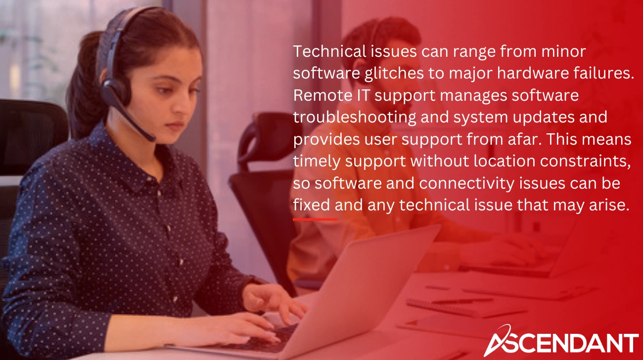 Technical issues can range from minor software glitches to major hardware failures. Remote IT support manages software troubleshooting and system updates and provides user support from afar. This means timely support without location constraints, so software and connectivity issues can be fixed and any technical issue that may arise.