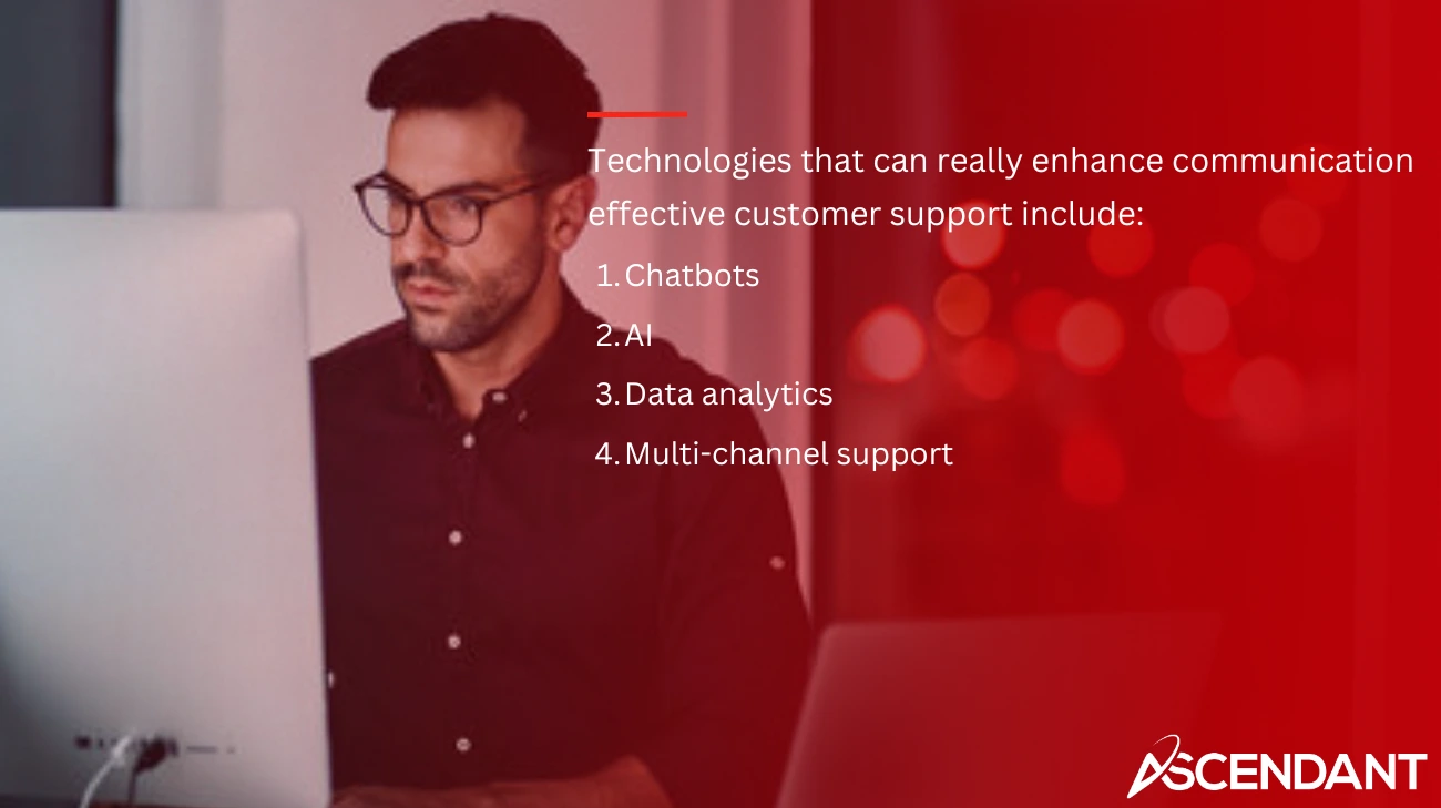 Technologies that can really enhance communication effective customer support include: 1. Chatbots 2. AI 3. Data analytics 4. Multi-channel support