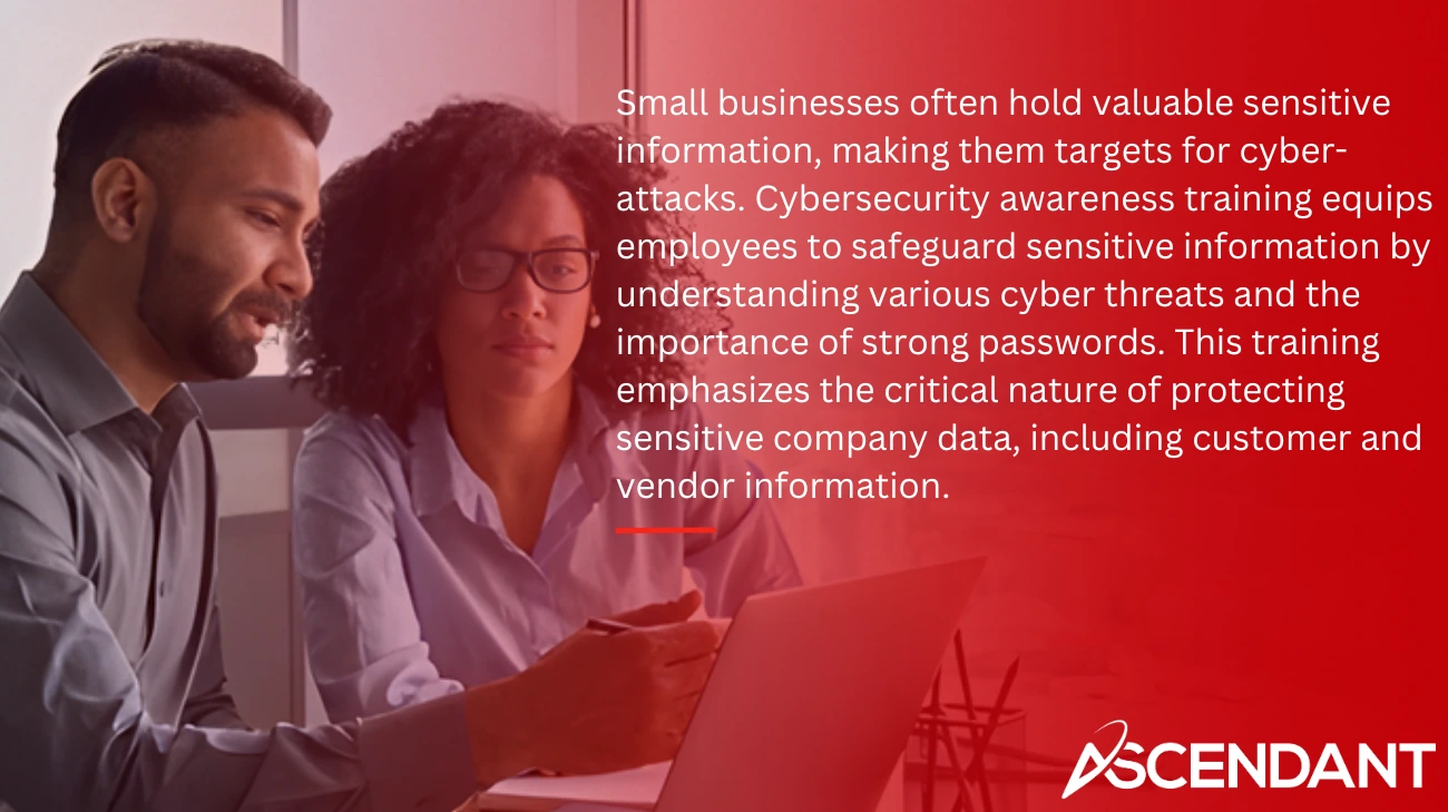 Small businesses often hold valuable sensitive information, making them targets for cyber-attacks. Cybersecurity awareness training equips employees to safeguard sensitive information by understanding various cyber threats and the importance of strong passwords. This training emphasizes the critical nature of protecting sensitive company data, including customer and vendor information.